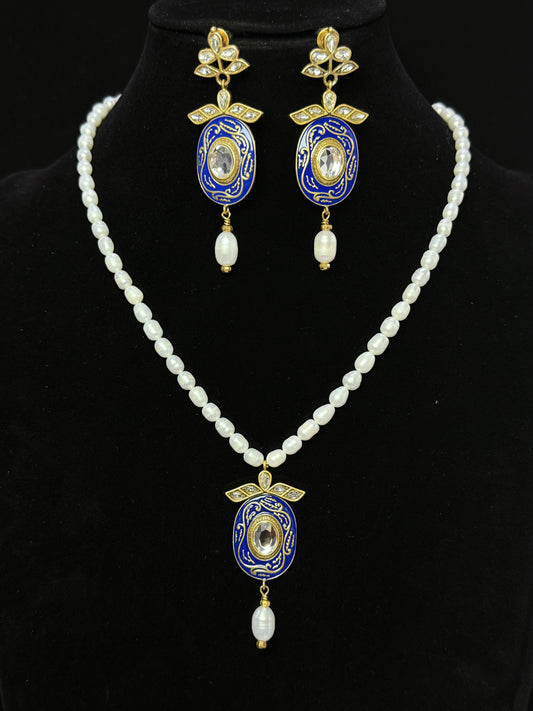 Vintage Heavy Craft Brass 18K Gold-Plated Natural Baroque Pearl Enamel Crystal-Inlaid Earring and Necklace Set