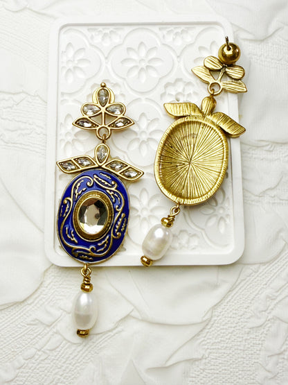 Vintage Heavy Craft Brass 18K Gold-Plated Natural Baroque Pearl Enamel Crystal-Inlaid Earring and Necklace Set