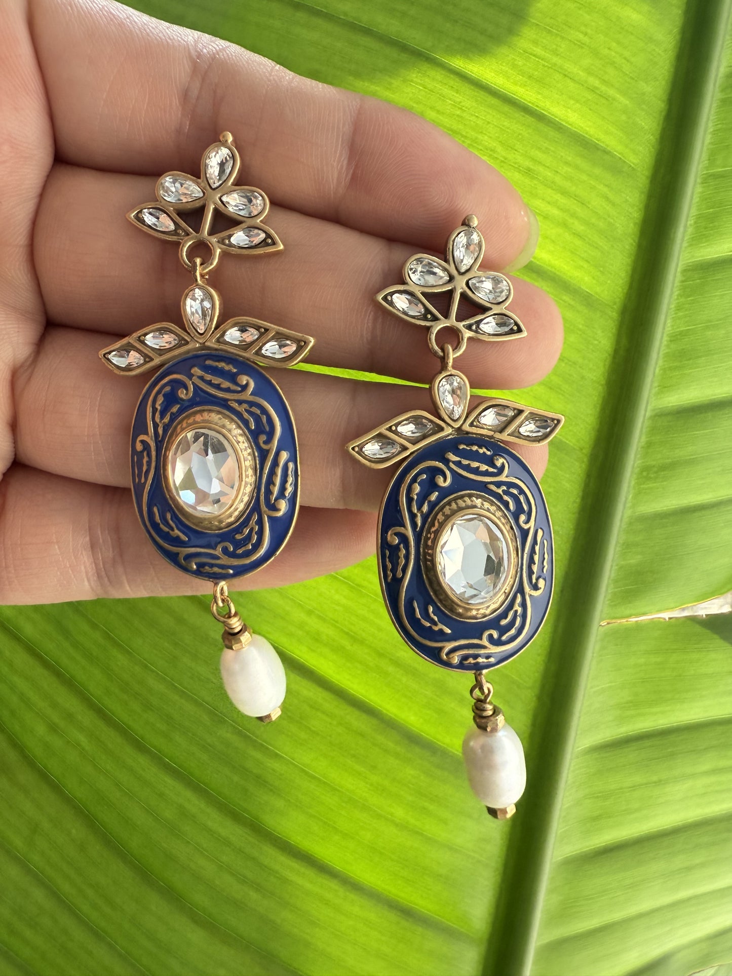 Vintage Heavy Craft Brass 18K Gold-Plated Natural Baroque Pearl Enamel Crystal-Inlaid Earring and Necklace Set