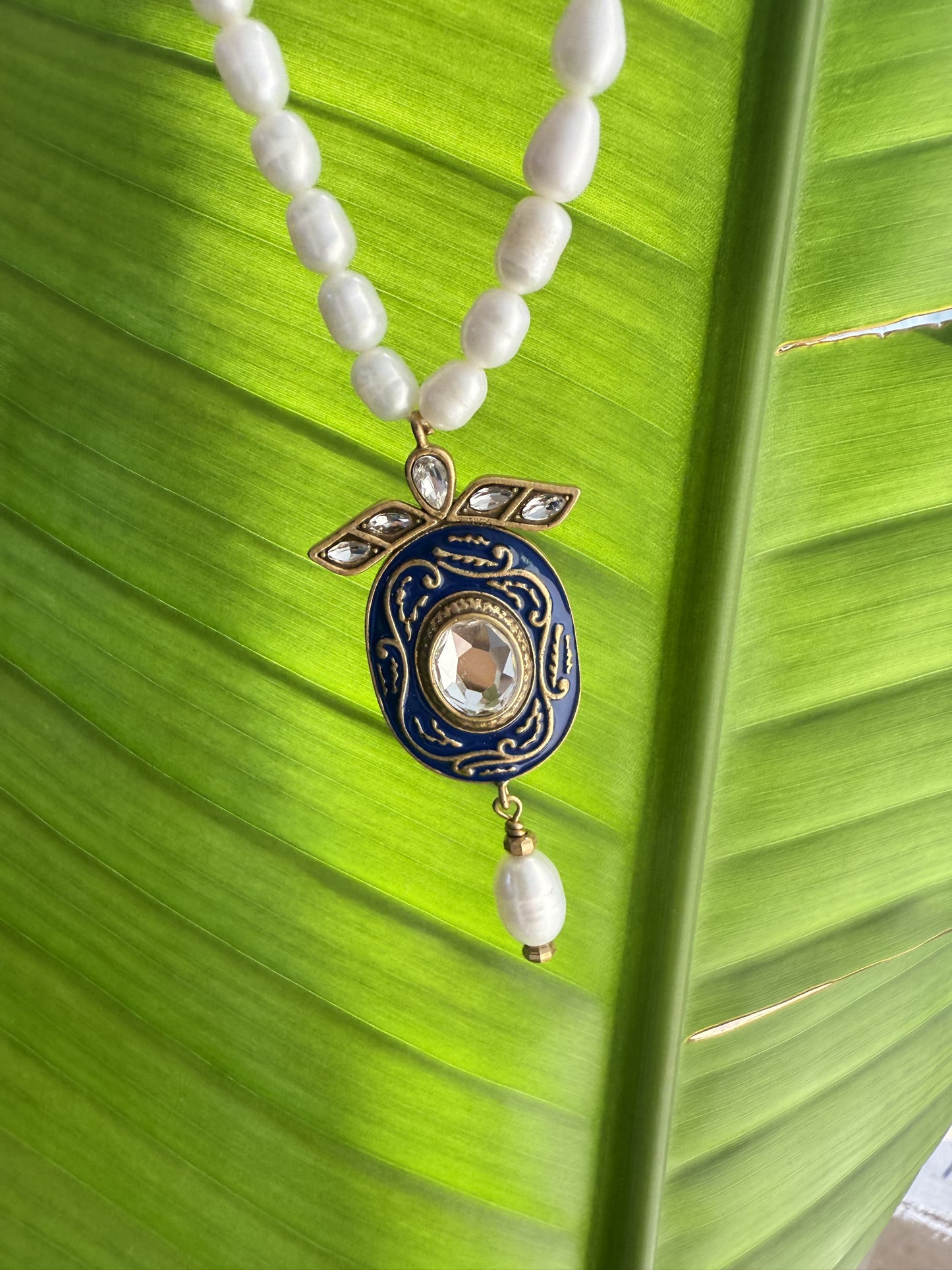Vintage Heavy Craft Brass 18K Gold-Plated Natural Baroque Pearl Enamel Crystal-Inlaid Earring and Necklace Set