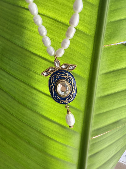 Vintage Heavy Craft Brass 18K Gold-Plated Natural Baroque Pearl Enamel Crystal-Inlaid Earring and Necklace Set