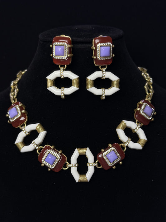 Vintage Heavy Craft 18K Gold-Plated Brass White Enamel & Purple Red Natural Stone Earrings Necklace Set