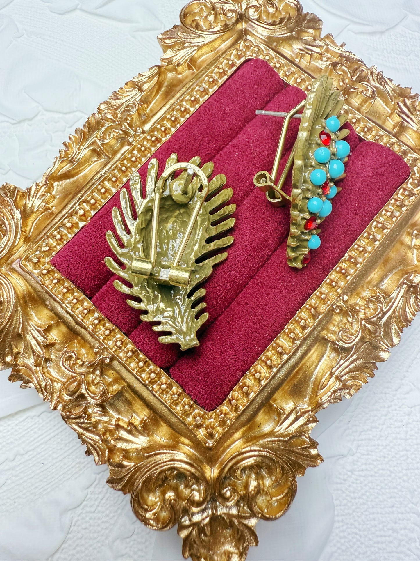Vintage Bohemian Heavy Craft Gold-Plated Brass Full Paved Green Turquoise Leaf Earrings & Collar Necklace Set