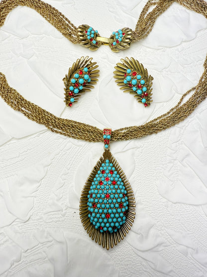 Vintage Bohemian Heavy Craft Gold-Plated Brass Full Paved Green Turquoise Leaf Earrings & Collar Necklace Set