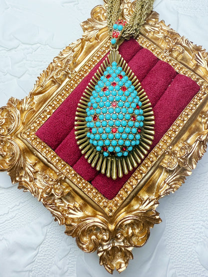 Vintage Bohemian Heavy Craft Gold-Plated Brass Full Paved Green Turquoise Leaf Earrings & Collar Necklace Set