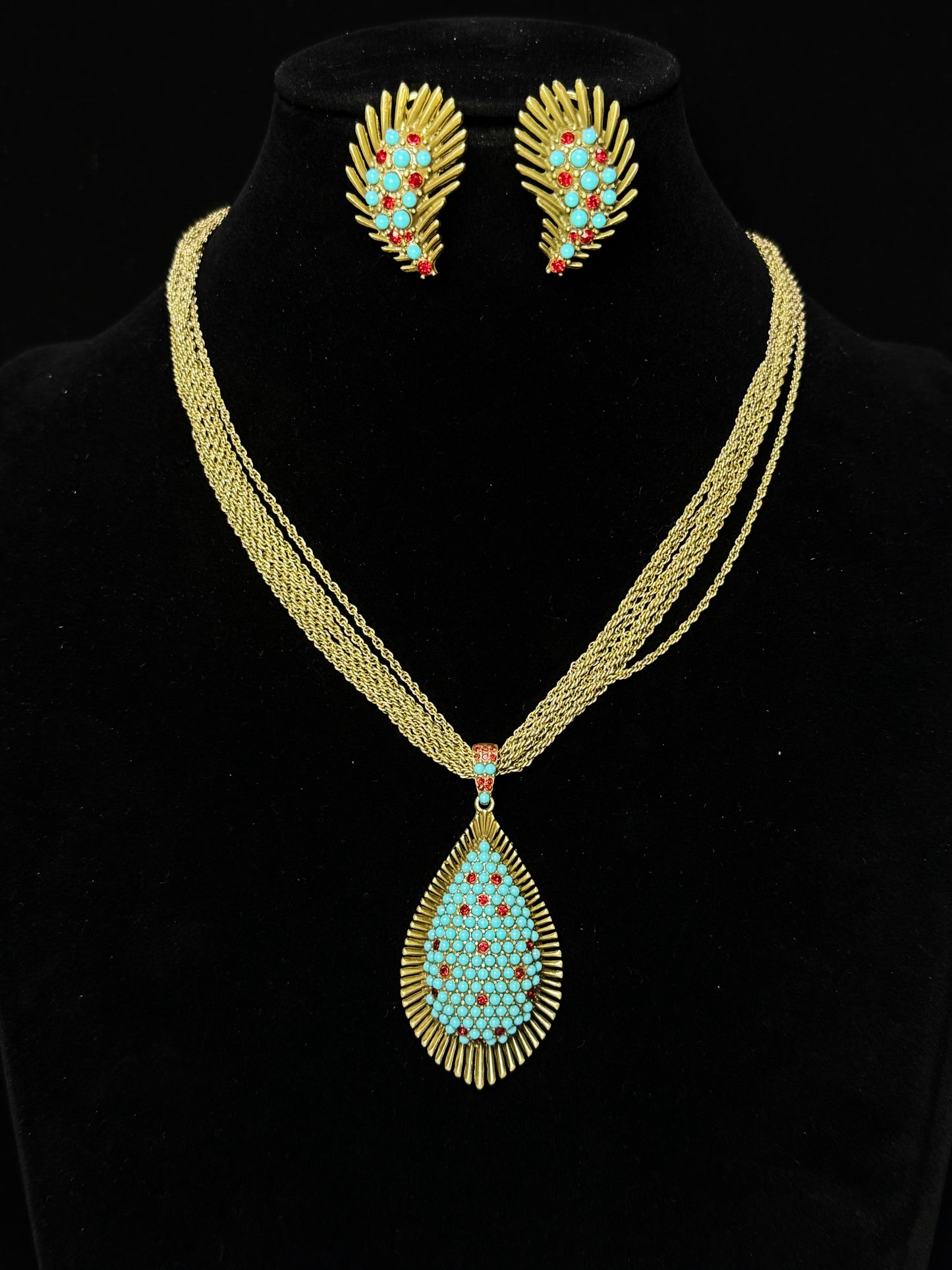 Vintage Bohemian Heavy Craft Gold-Plated Brass Full Paved Green Turquoise Leaf Earrings & Collar Necklace Set