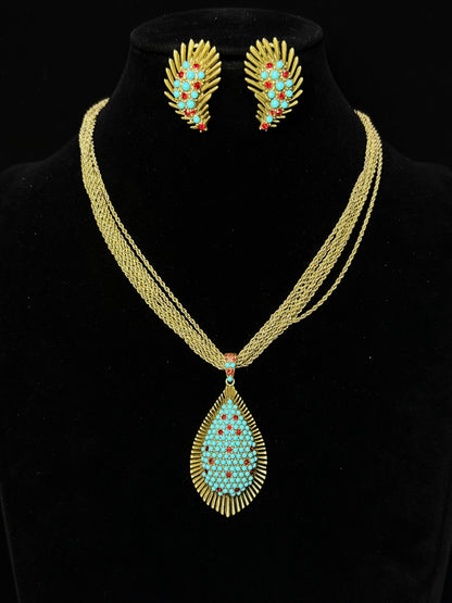 Vintage Bohemian Heavy Craft Gold-Plated Brass Full Paved Green Turquoise Leaf Earrings & Collar Necklace Set