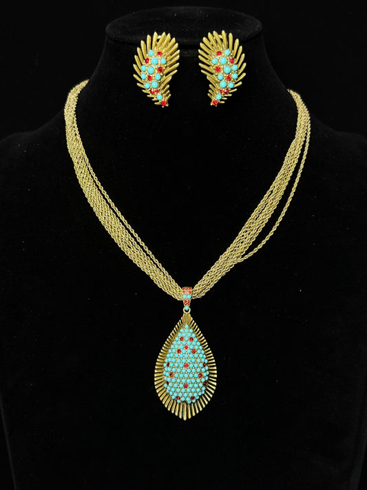 Vintage Bohemian Heavy Craft Gold-Plated Brass Full Paved Green Turquoise Leaf Earrings & Collar Necklace Set