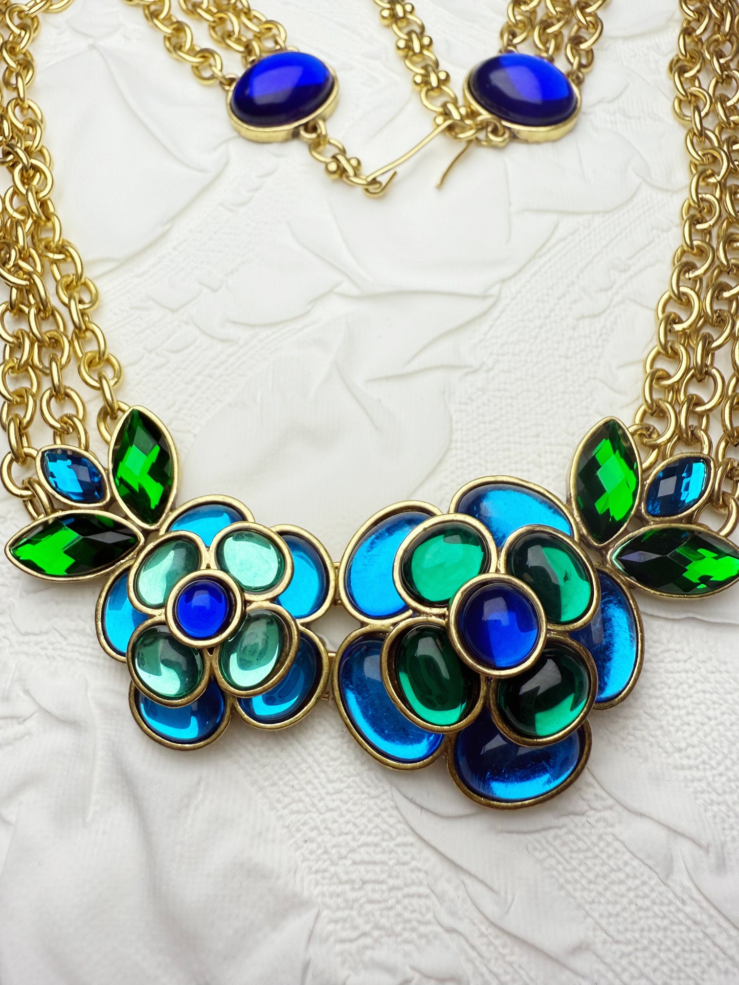 Vintage Heavy Craft Gold-Plated Multi-Layer Chain Blue-Green Glazed Camellia Earrings & Necklace Set