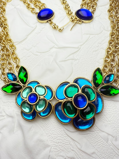 Vintage Heavy Craft Gold-Plated Multi-Layer Chain Blue-Green Glazed Camellia Earrings & Necklace Set