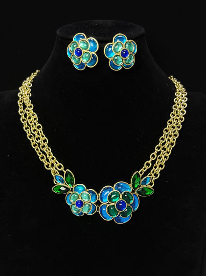 Vintage Heavy Craft Gold-Plated Multi-Layer Chain Blue-Green Glazed Camellia Earrings & Necklace Set