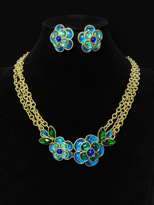 Vintage Heavy Craft Gold-Plated Multi-Layer Chain Blue-Green Glazed Camellia Earrings & Necklace Set
