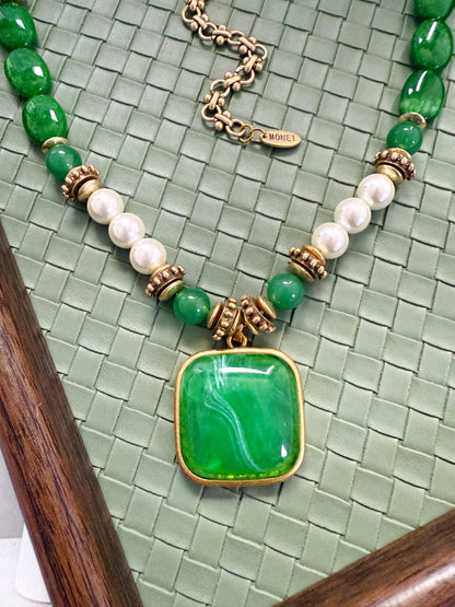 Vintage Green Natural Stone Necklace with Swarovski-Inspired Gold-Plated Square Pendant
