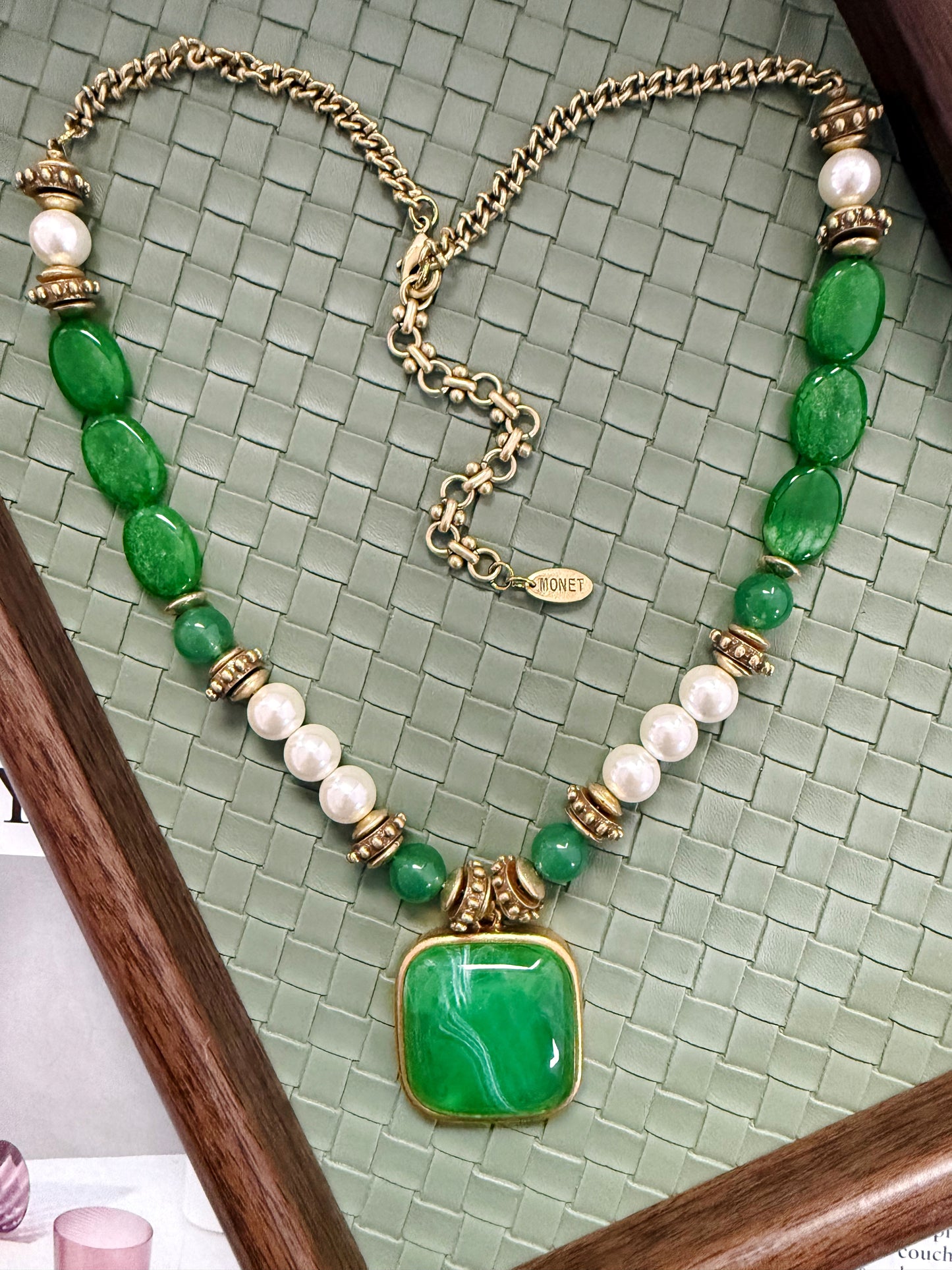 Vintage Green Natural Stone Necklace with Swarovski-Inspired Gold-Plated Square Pendant