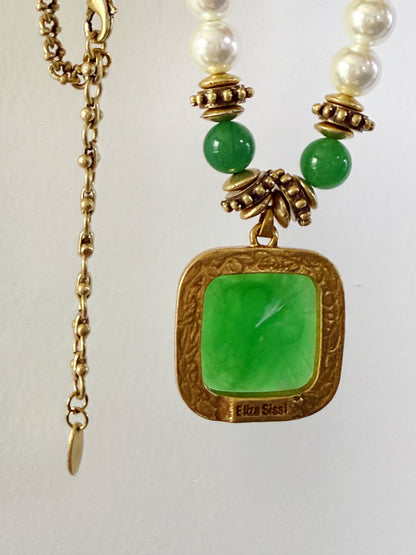Vintage Green Natural Stone Necklace with Swarovski-Inspired Gold-Plated Square Pendant