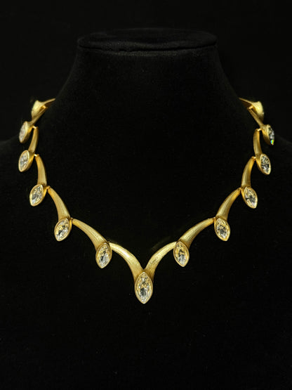 Vintage Gold-Plated Brass Calla Lily Necklace with Rhinestone Details