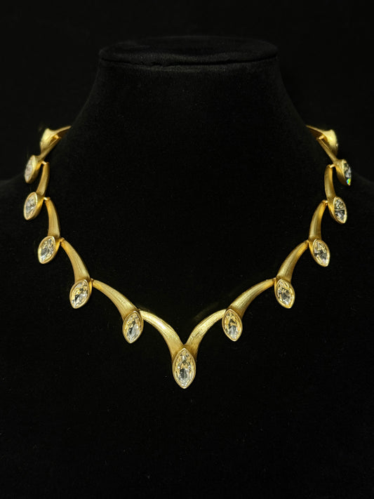 Vintage Gold-Plated Brass Calla Lily Necklace with Rhinestone Details