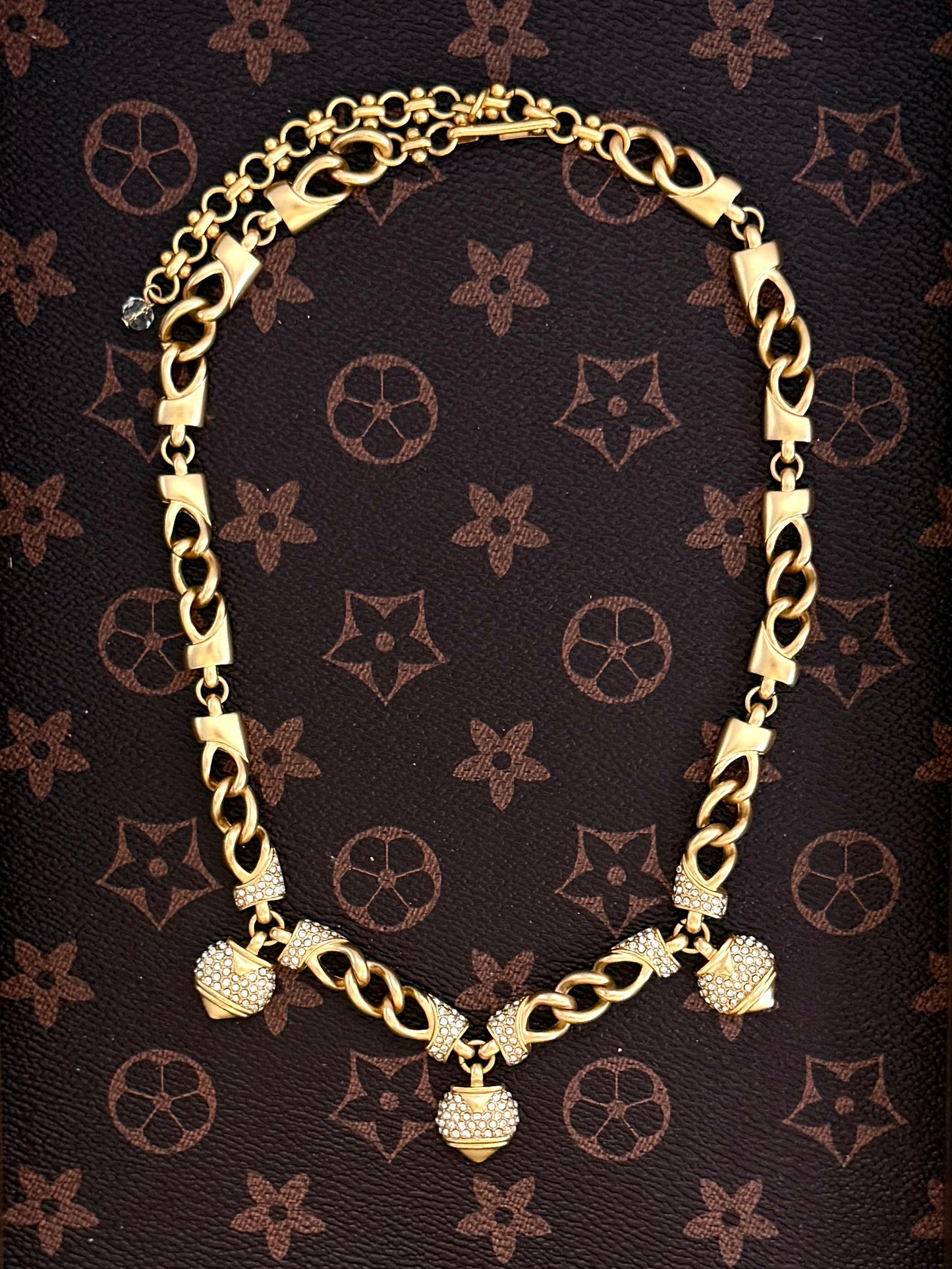 Vintage Heavywork 18K Gold-Plated Cuban Chain Necklace with Pave Heart Pendant