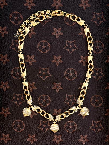 Vintage Heavywork 18K Gold-Plated Cuban Chain Necklace with Pave Heart Pendant