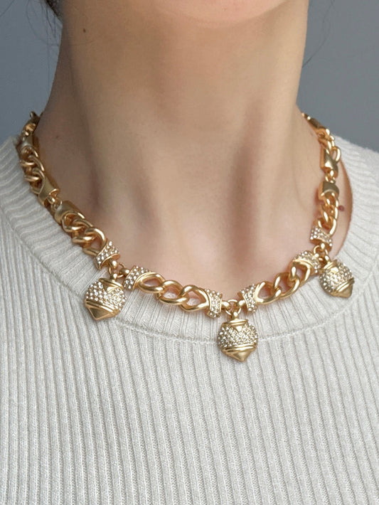 Vintage Heavywork 18K Gold-Plated Cuban Chain Necklace with Pave Heart Pendant