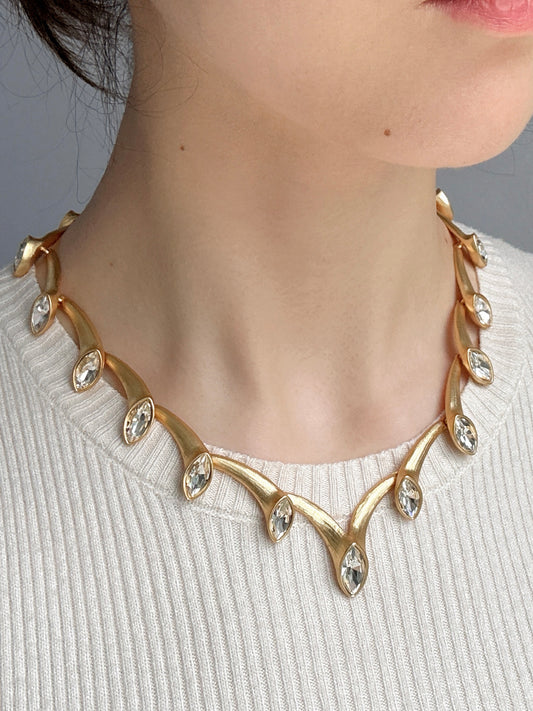 Vintage Gold-Plated Brass Calla Lily Necklace with Rhinestone Details