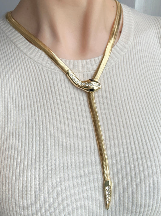 Vintage Brass Gold-Plated Adjustable Snake Necklace with Rhinestone Accents