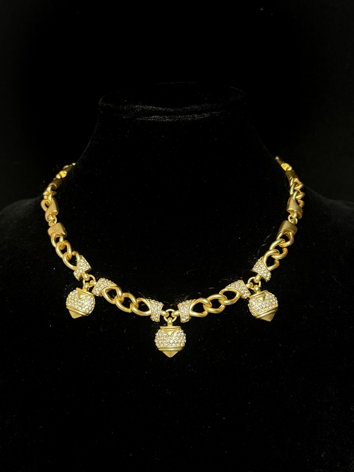 Vintage Heavywork 18K Gold-Plated Cuban Chain Necklace with Pave Heart Pendant