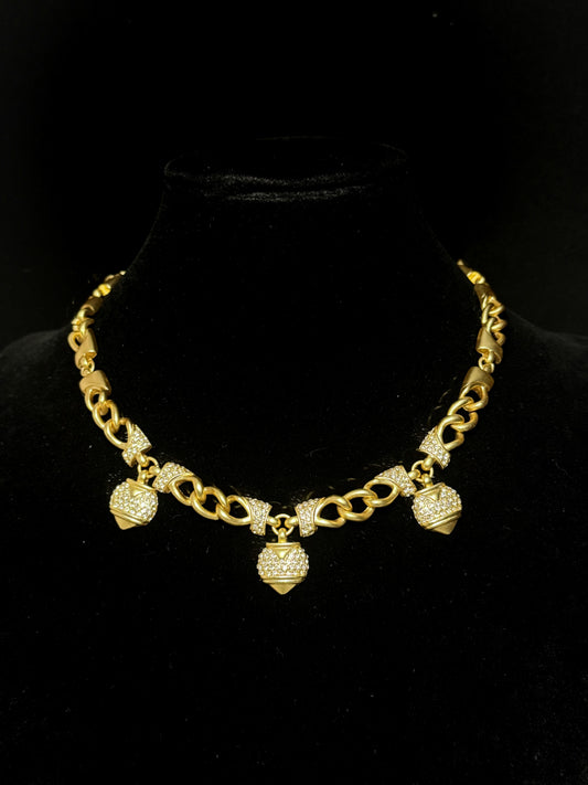 Vintage Heavywork 18K Gold-Plated Cuban Chain Necklace with Pave Heart Pendant