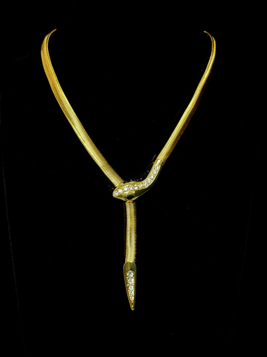 Vintage Brass Gold-Plated Adjustable Snake Necklace with Rhinestone Accents