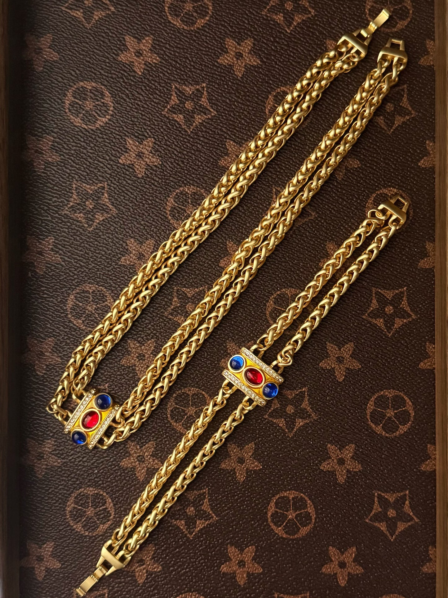 Vintage Heavy Craft Gold-Plated Copper Double-Layer Chain Red & Blue Glass Pendant Collarbone Necklace