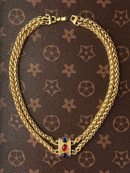 Vintage Heavy Craft Gold-Plated Copper Double-Layer Chain Red & Blue Glass Pendant Collarbone Necklace