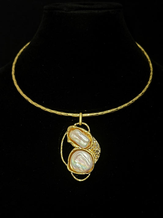 Vintage French Baroque Gold-Plated Collar Necklace with Pearl Drop Pendant