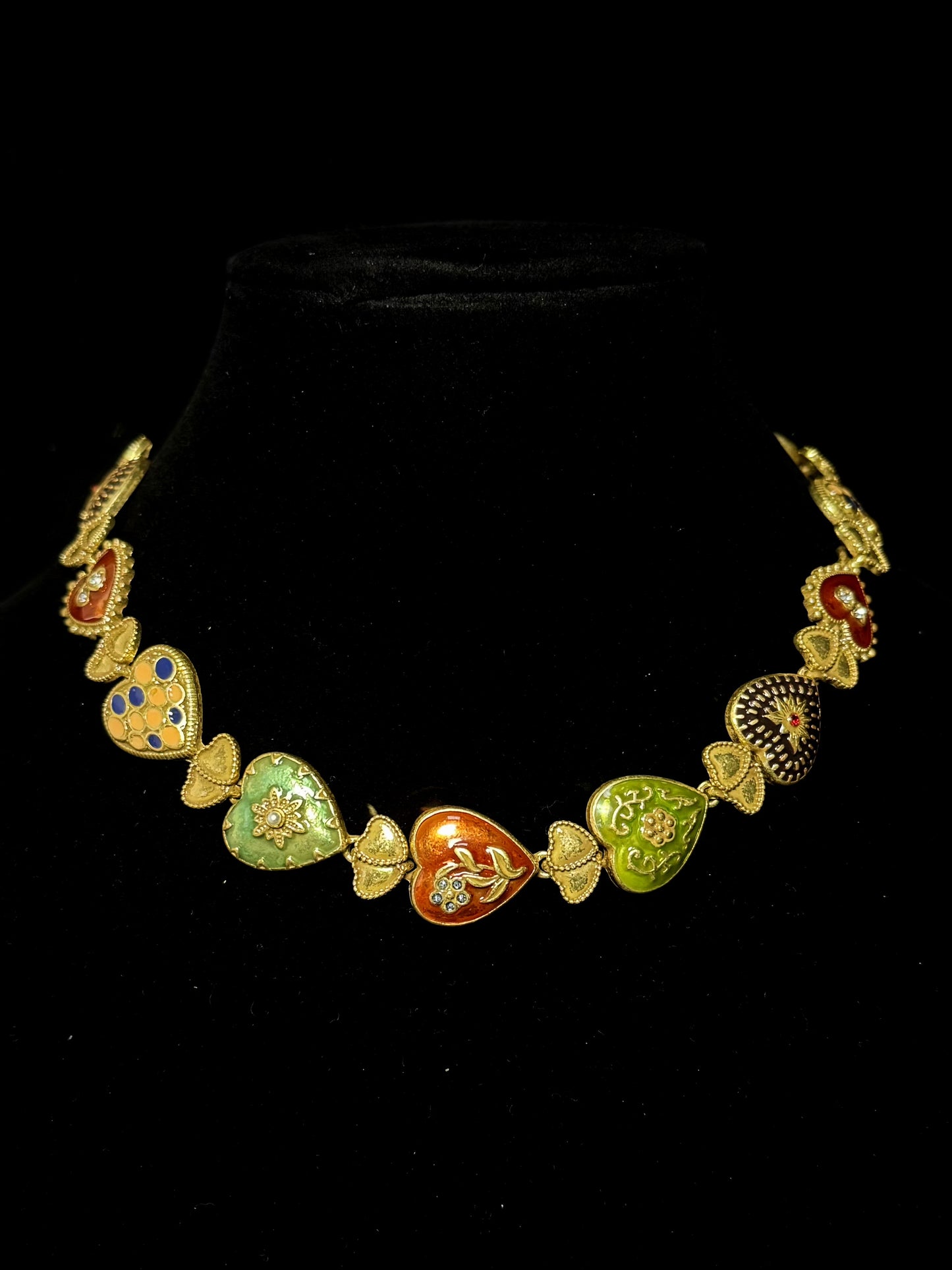 Vintage Heavy Craft Gold-Plated Brass Heart Pendant Choker Necklace