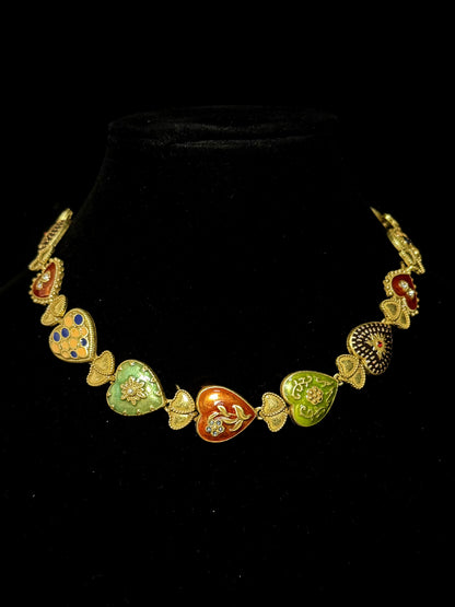 Vintage Heavy Craft Gold-Plated Brass Heart Pendant Choker Necklace