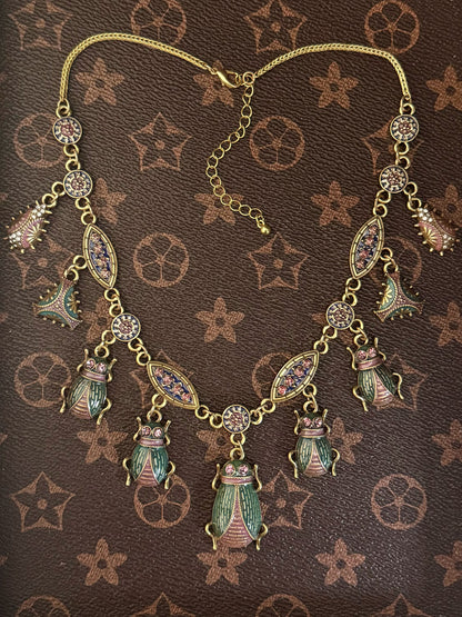 Vintage Heavy Craft Exaggerated Unique Niche Gold-Plated Brass Scarab Necklace