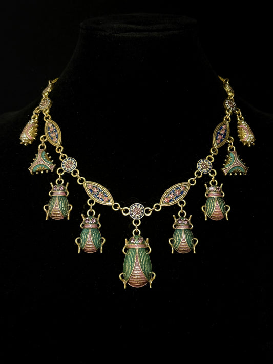 Vintage Heavy Craft Exaggerated Unique Niche Gold-Plated Brass Scarab Necklace