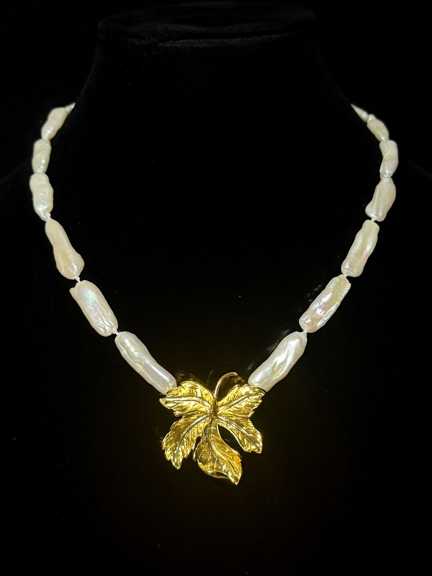 Vintage French Baroque Maple Leaf Necklace with Natural Freshwater Pearls