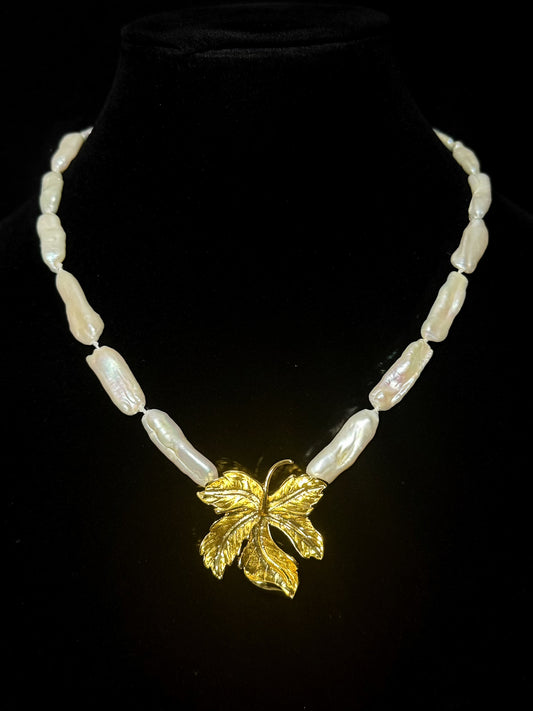Vintage French Baroque Maple Leaf Necklace with Natural Freshwater Pearls
