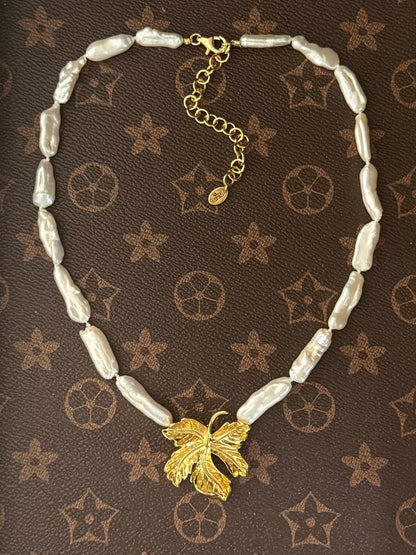 Vintage French Baroque Maple Leaf Necklace with Natural Freshwater Pearls