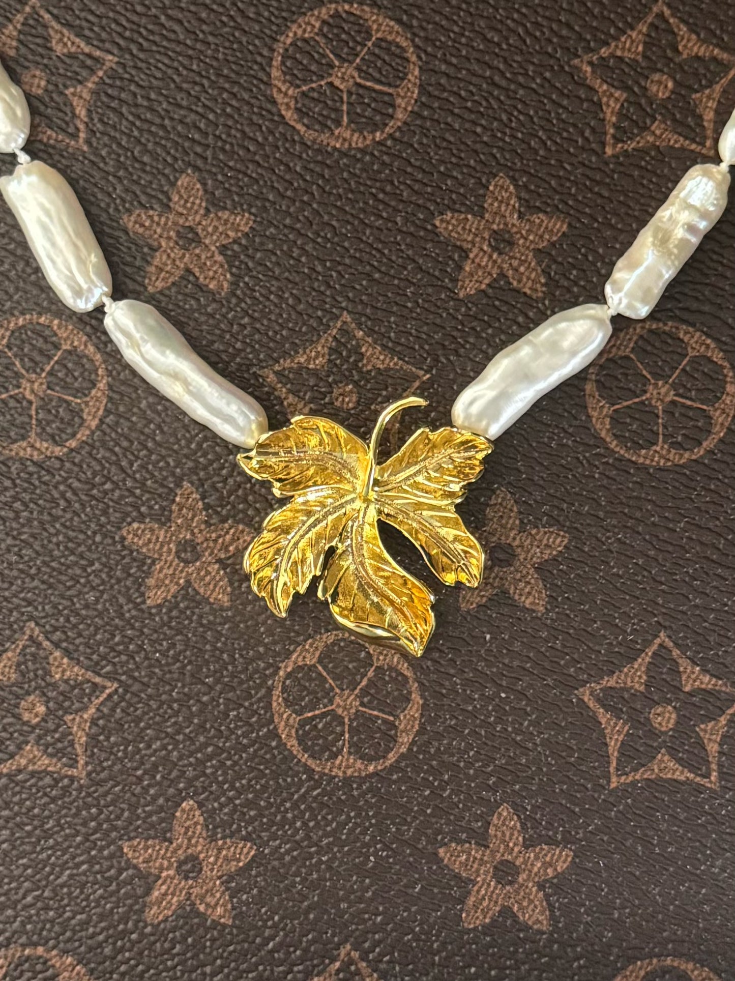 Vintage French Baroque Maple Leaf Necklace with Natural Freshwater Pearls