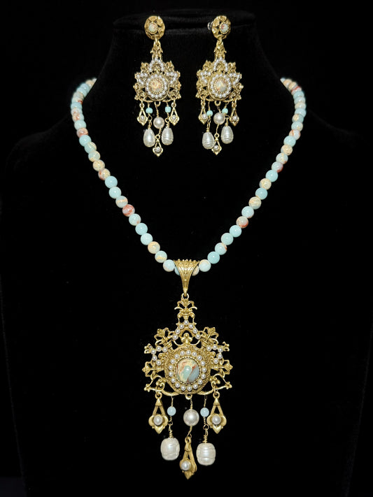 Baroque Pearl & Shoushan Stone Dangle Earrings with Necklace Set - Heavy Brass Vintage Royalcore Jewelry