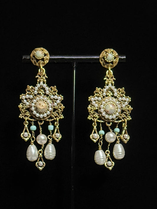 Baroque Pearl & Shoushan Stone Dangle Earrings with Necklace Set - Heavy Brass Vintage Royalcore Jewelry