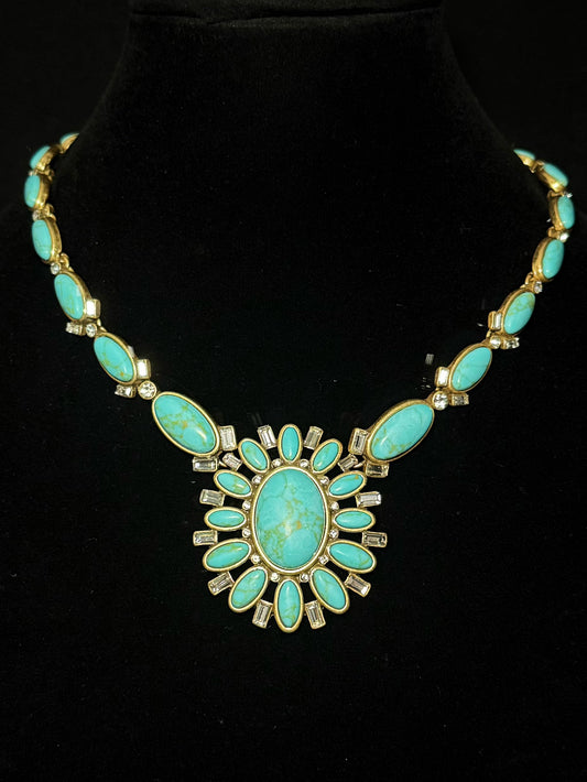 Vintage Bronze Sunflower Pendant Necklace with Turquoise Inlay - Boho Statement Jewelry - Antique Gold Plated Hippie Chic Necklace