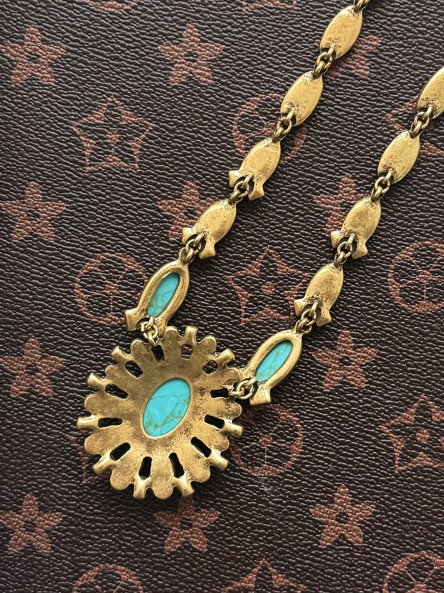 Vintage Bronze Sunflower Pendant Necklace with Turquoise Inlay - Boho Statement Jewelry - Antique Gold Plated Hippie Chic Necklace