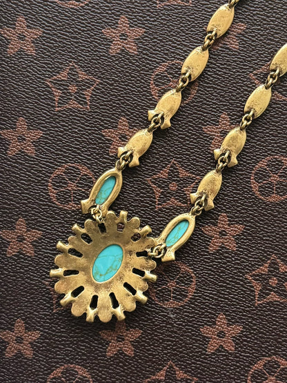 Vintage Bronze Sunflower Pendant Necklace with Turquoise Inlay - Boho Statement Jewelry - Antique Gold Plated Hippie Chic Necklace