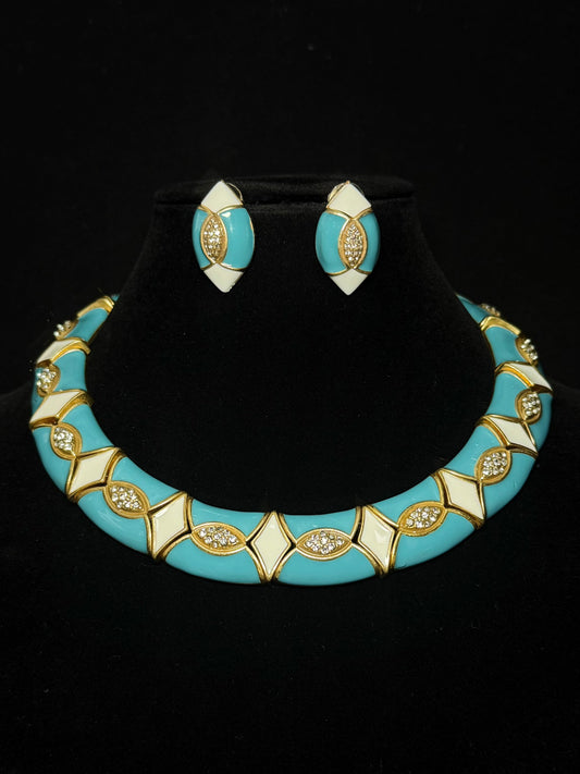 Vintage Heavy Brass Choker Set - Royal Blue Enamel Earrings & Necklace, Baroque Statement Jewelry, Gothic Bridal Gift