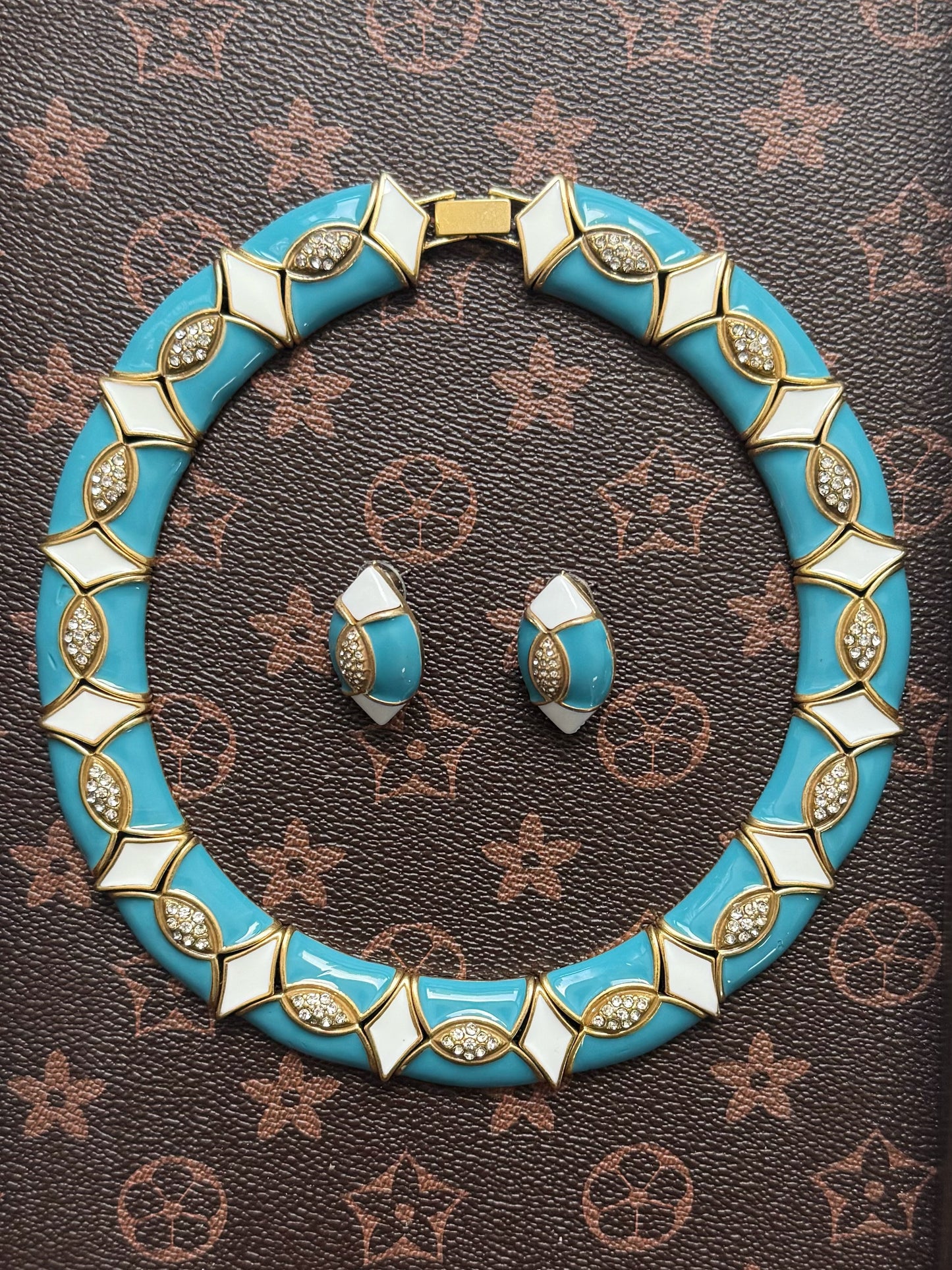 Vintage Heavy Brass Choker Set - Royal Blue Enamel Earrings & Necklace, Baroque Statement Jewelry, Gothic Bridal Gift