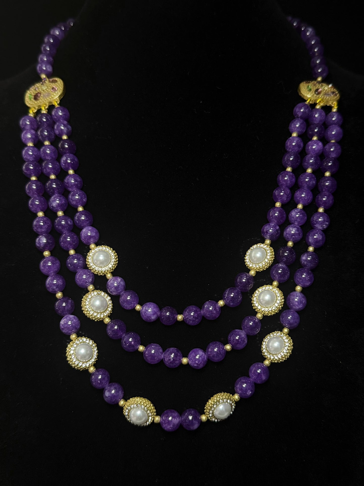 Vintage Gold-Plated Triple-Layer Necklace with Amethyst Beads & Swarovski Pearls