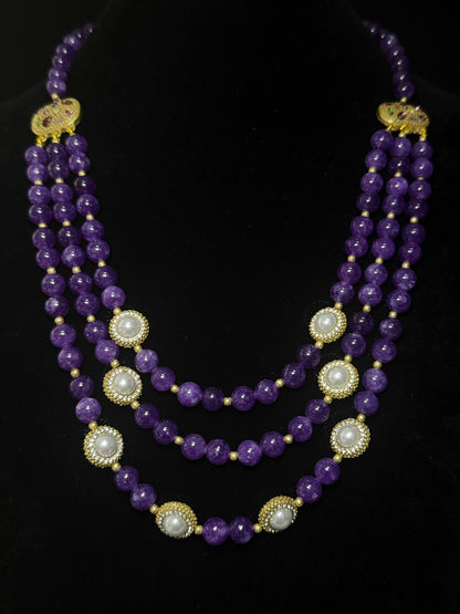 Vintage Gold-Plated Triple-Layer Necklace with Amethyst Beads & Swarovski Pearls