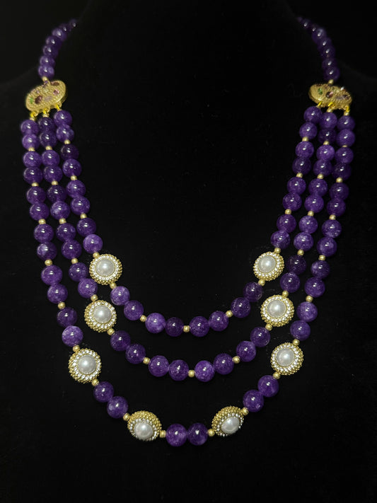 Vintage Gold-Plated Triple-Layer Necklace with Amethyst Beads & Swarovski Pearls